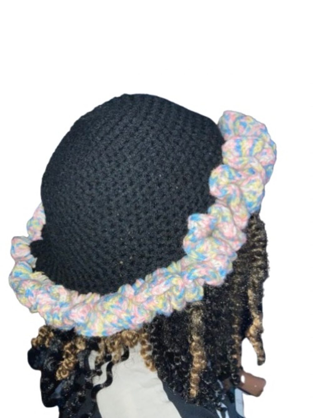Black Crocheted Beanie with Pastel Multicolor Ruffle - Picture 3 of 3